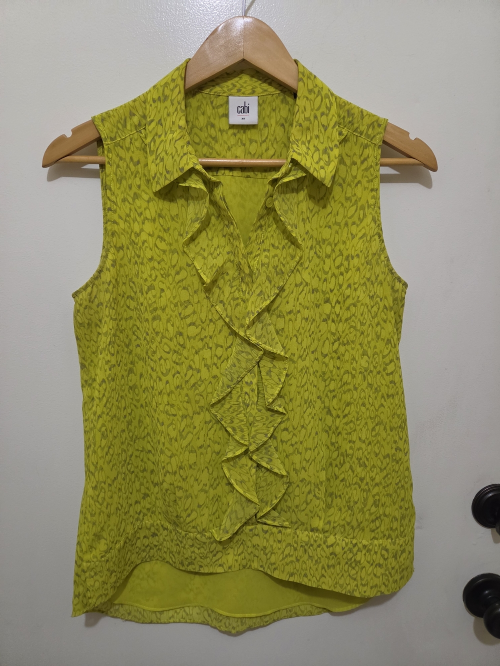 CAbi Lime & Gray Animal Print Ruffle Sleeveless Blouse